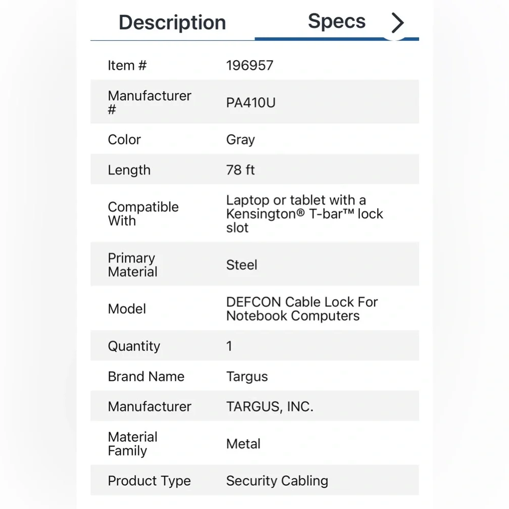 NWT Targus DEFCON Cable Lock For Notebook Computers